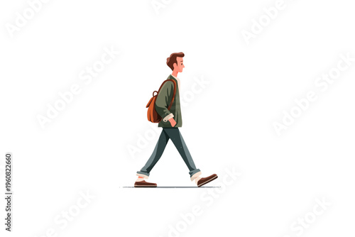 Caucasian young male walking with backpack in casual attire isolated on white background