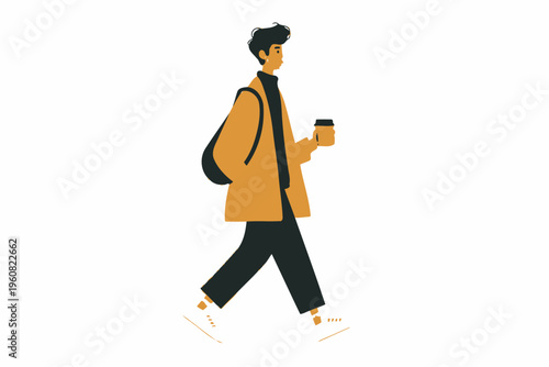 Young caucasian male walking with coffee and backpack in casual attire