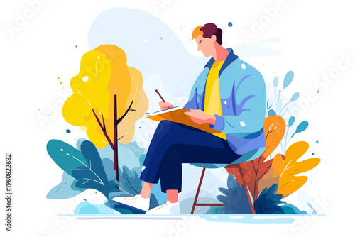 Young caucasian male artist sketching in vibrant autumn nature scene