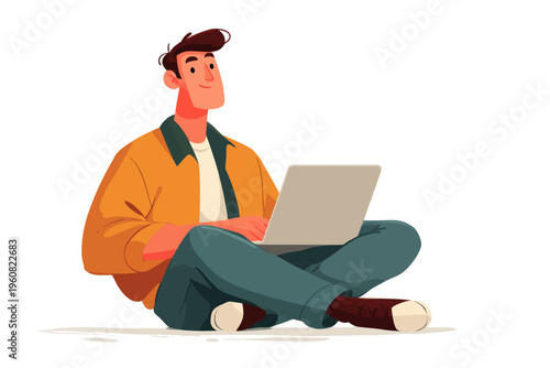 Young caucasian male using laptop, sitting cross-legged and smiling
