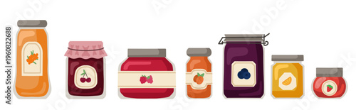 Vector set of various berry jams. Collection of clip art of jars with sweet syrup in a flat style