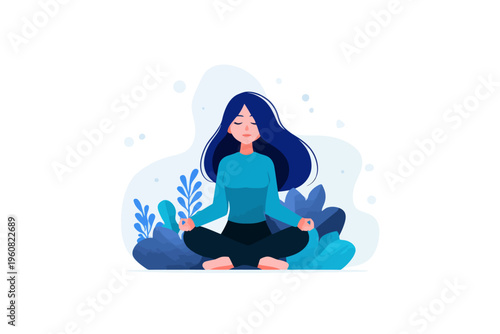 Young caucasian female meditating amidst abstract nature elements