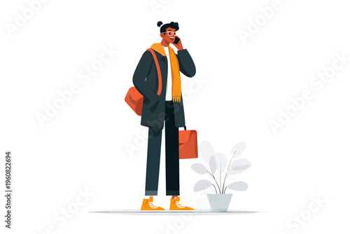 Young african male adult in stylish outfit talking on phone near plant