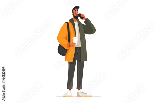 Young caucasian male with bag and coffee standing on phone call