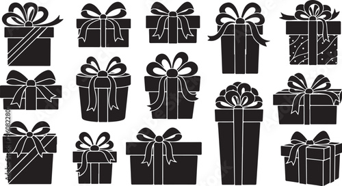 Collection of black gift boxes with ribbons and bows