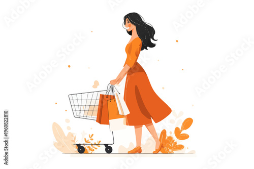 Young caucasian female shopping with cart and orange dress illustration