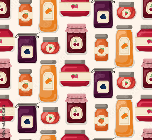 Vector seamless pattern with various berry jams on white background. Texture with jars with sweet syrup