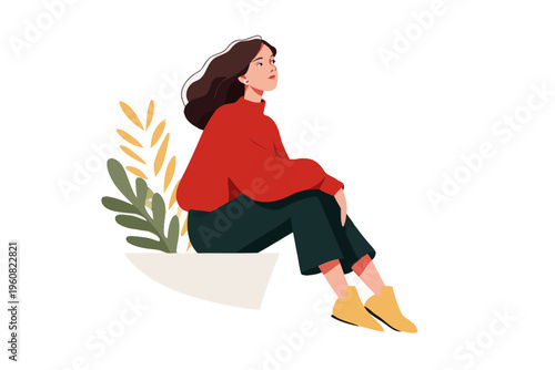 Contemplative young adult female, caucasian, in red sweater with yellow boots sitting by plants