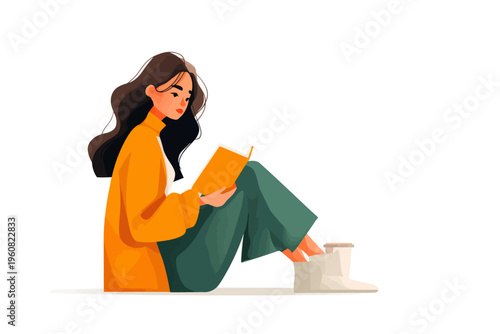 Young asian female reading book in relaxed pose with casual attire