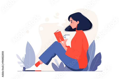 Young asian female reading a book with coffee in minimalist illustration