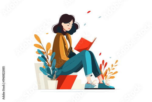 Illustration of young female reading a book among autumn foliage