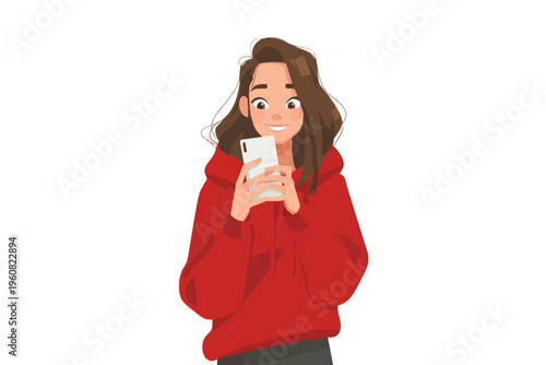 Animated young female character in red hoodie using smartphone
