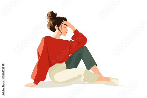 Young caucasian female relaxing in casual attire with red sweater and bun hairstyle