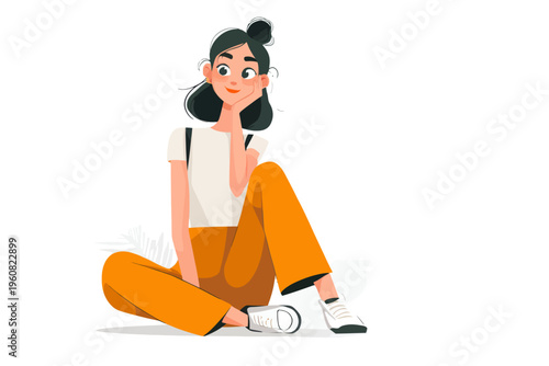 Cheerful asian female teen sitting relaxed in casual orange outfit illustration