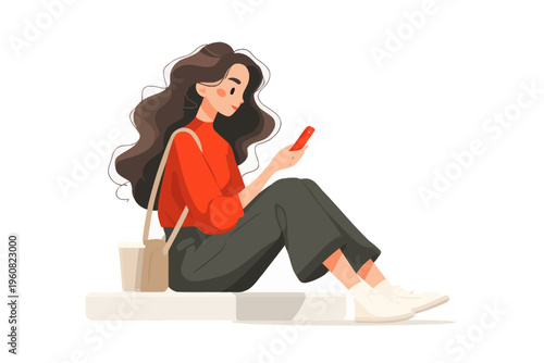 Young female with long hair sitting and using smartphone on white background