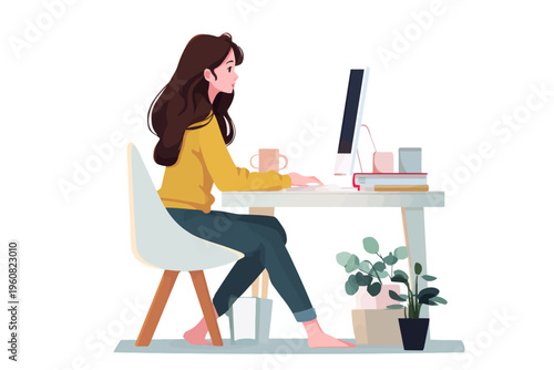 Young caucasian female working at desk with computer and plants