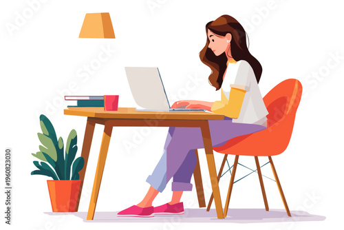 Young caucasian female working on laptop at home office desk