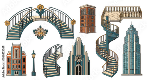 Collection of various architectural staircases and buildings.
