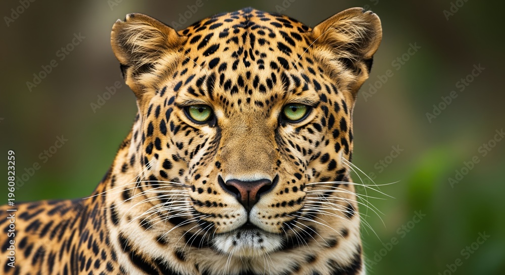 Fototapeta premium Close-up portrait of a leopard with striking golden eyes and distinctive black spots on tan fur. Features alert expression, pointed ears, and prominent whiskers. Perfect for wildlife content.