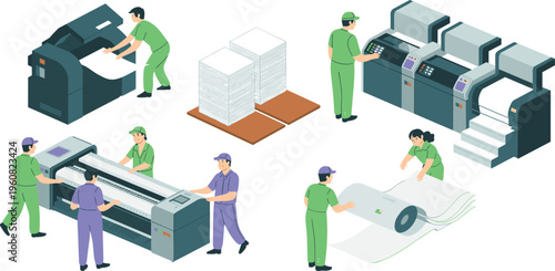 Isometric Professional Printing House Vector Set Featuring Workers Operating Large Format Printers Offset Machines and Paper Production Equipment