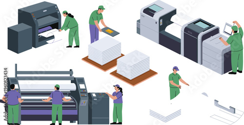 Isometric Professional Printing House Vector Set Featuring Workers Operating Large Format Printers Offset Machines and Paper Production Equipment