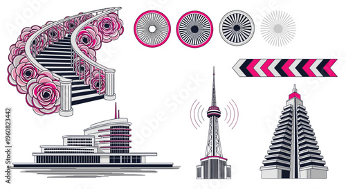 Cityscape design elements and Toronto landmarks.