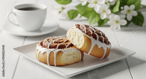 Two delicious cinnamon rolls with white icing served on a white plate for a delightful breakfast or sweet treat occasion
