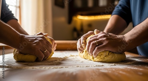 Two pairs of weathered hands kneading fresh dough on a flour-dusted surface in a warm kitchen setting.