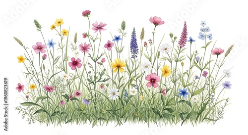Vibrant Watercolor Illustration of a Wildflower Garden Border