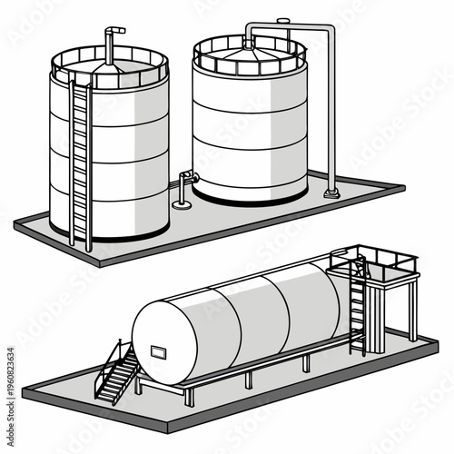 Industrial storage tanks and cylindrical reservoir with ladders and pipes on a platform
