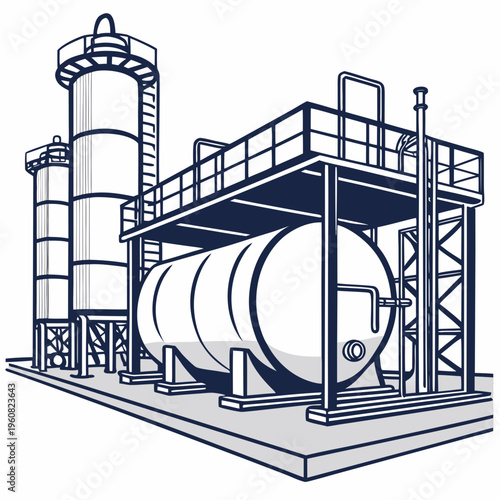 Industrial facility with large cylindrical tanks and elevated platform