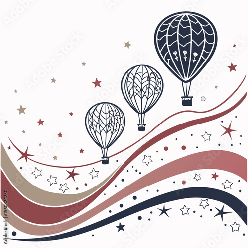 Vibrant hot air balloons soaring through starry night sky with wavy lines and colorful patterns