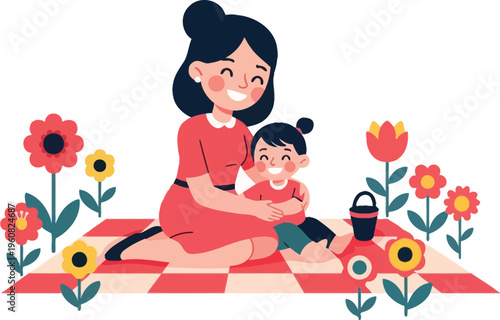 Joyful mother and young daughter share an outdoor picnic moment sitting closely together on a checkered blanket surrounded by colorful flowers.