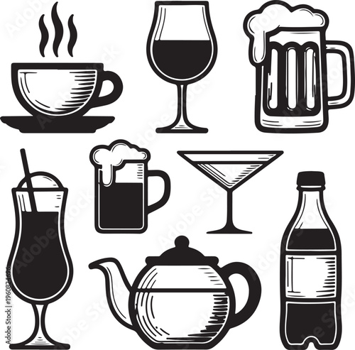 Assorted beverage icons including coffee wine beer cocktail tea and water bottle on transparent grid backdrop