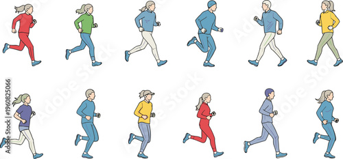 Diverse People Running and Jogging Vector Character Set Featuring Men and Women in Sportswear for Fitness and Healthy Lifestyle