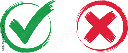 Green check mark and red cross sign icons in hand drawn brush stroke style on transparent background