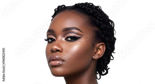 Beautiful Black Woman with Glamorous Makeup on White Background