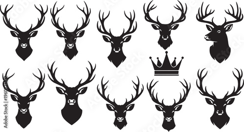 Deer Heads with Crown Silhouette Vector Graphics Set