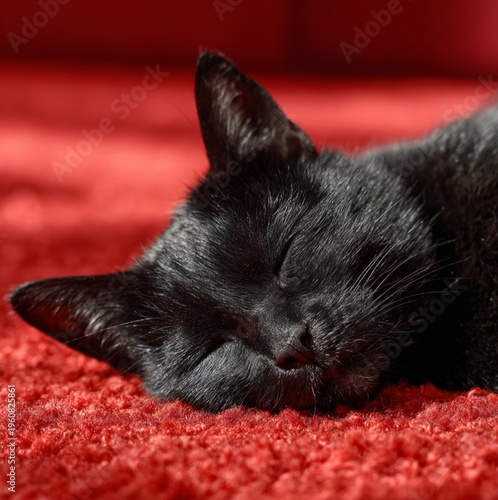 black cat sleeping on red rug