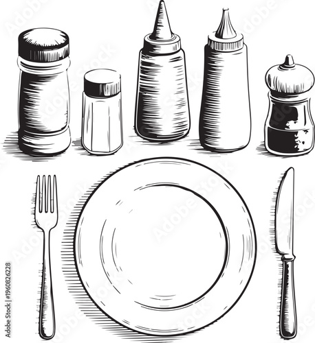 Table setting with plate fork knife and condiment bottles on transparent background sketch art