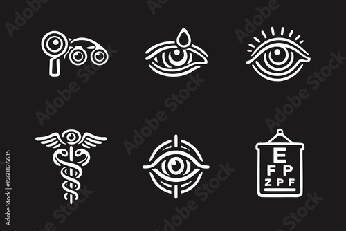 Ophthalmology Eye Care Vision Health Medical Optometry Icons Set