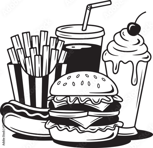 Hand drawn fast food meal set including double cheeseburger hot dog french fries milkshake and cola with straw
