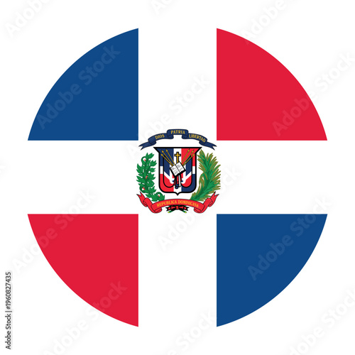 Circular vector illustration of the Dominican Republic flag with coat of arms, isolated on white background.