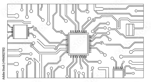 Detailed line drawing of a circuit board with integrated chips and pathways