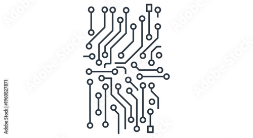Abstract circuit board pattern with interconnected lines and nodes on a white background