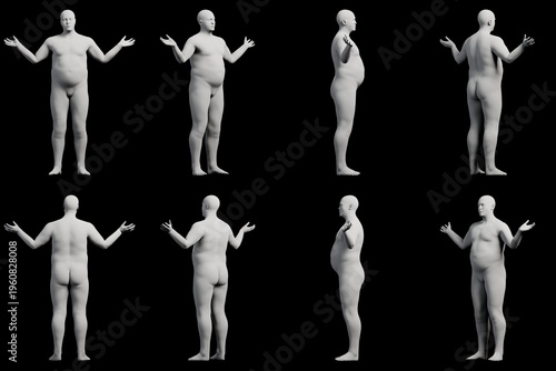 3D Fat Man posing 8-View Matte Black Black
