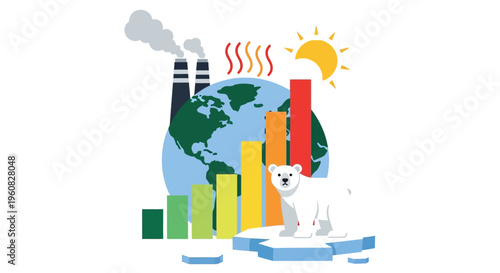 Global warming illustration depicting pollution rising temperatures and a polar bear