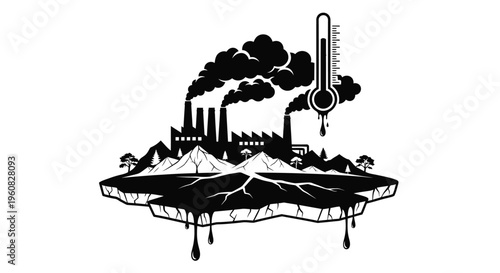 Global warming illustration factory emissions and melting earth with a rising thermometer