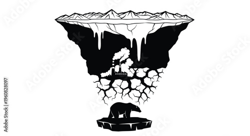 Melting arctic landscape with industrial pollution and a lone polar bear