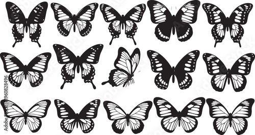 Collection of black and white butterfly silhouettes on white
